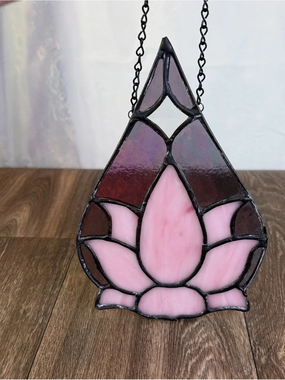 Teardrop Shaped Pink Lotus Stained Glass Sun Catcher Window Hanging 9